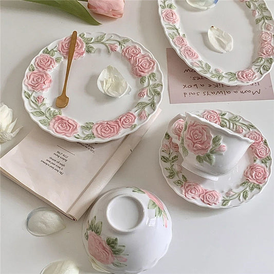Charming Pink Rose Tea Ensemble: Elegant Coffee Cup & Cake Plate Set - A Dreamy Addition for Special Gatherings